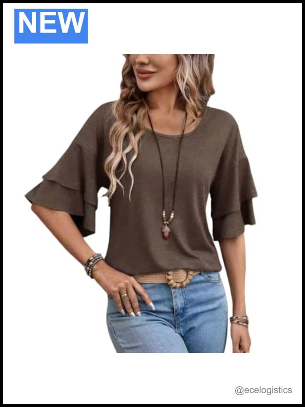 Half Bell Ruffle Sleeve Crew Neck Tunic Tee, Lightweight Stretch Top